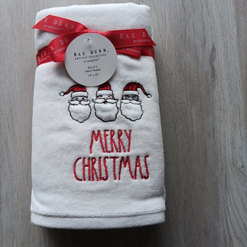 New Rae Dunn Hand Towels Set of 2 Holiday Merry Christmas Santa Faces Red White